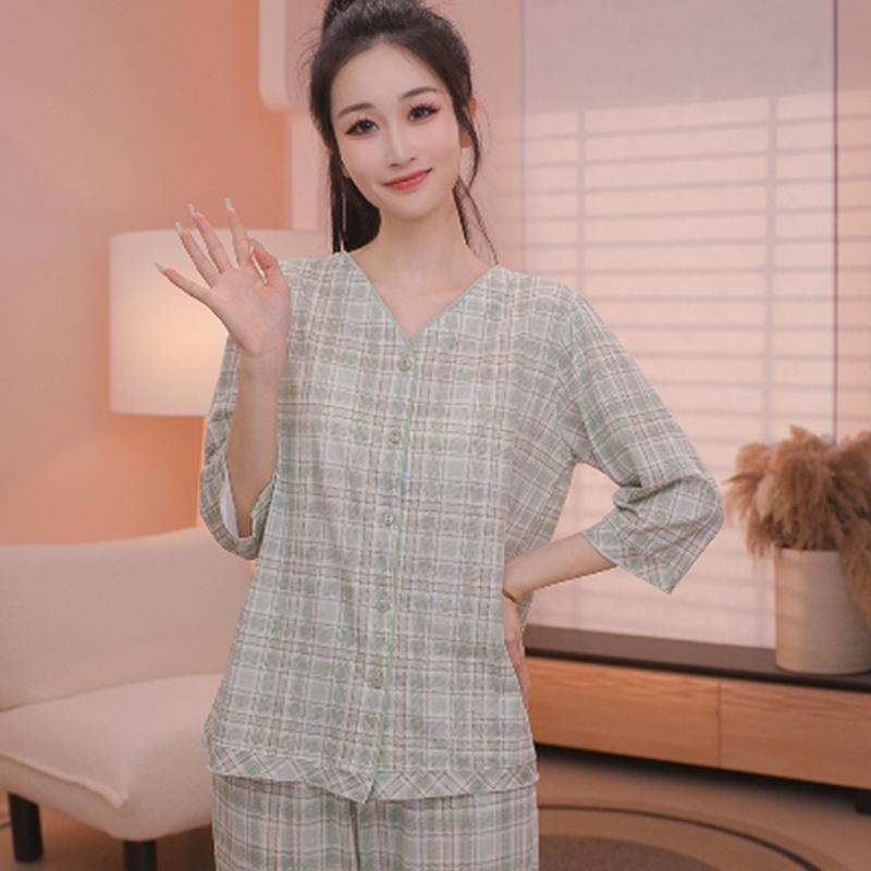 Fenteng [100% cotton] comfortable V-neck cardigan plaid seven quarter sleeves and eight quarter pants home suit set women's pajamas