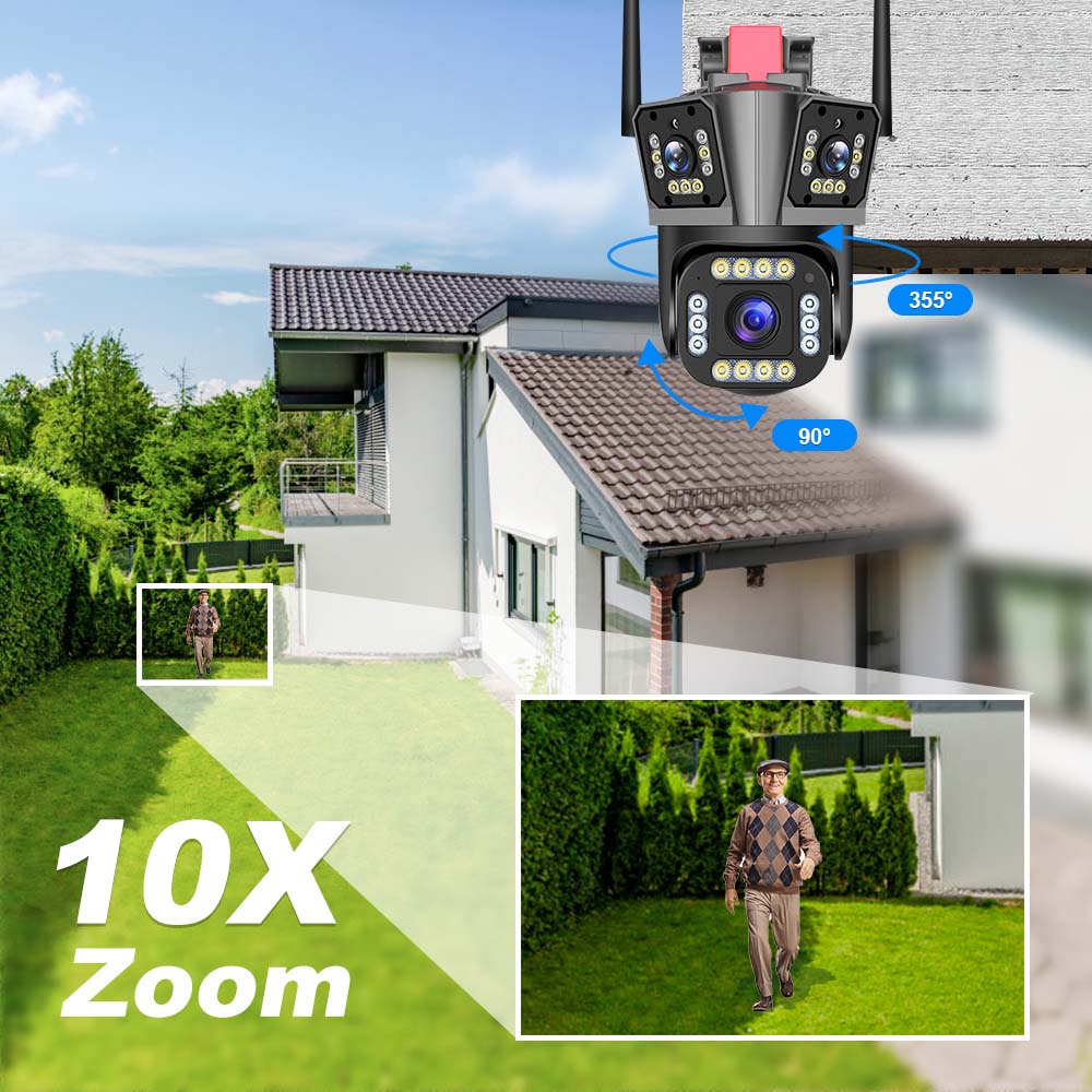 5K 12MP WiFi IP Outdoor 10X Zoom Three Lens Security Human Detection PTZ Video Surveillance Smart Home CCTV Camera