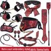 Retro Court Chinese Style Fabric Restraint Set: Foot Cuffs, Gag Ball, Eye Mask, Leash, Collar.