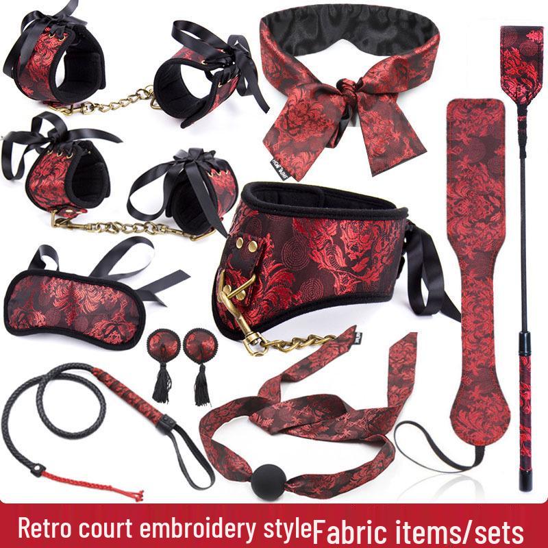 Retro Court Chinese Style Fabric Restraint Set: Foot Cuffs, Gag Ball, Eye Mask, Leash, Collar.