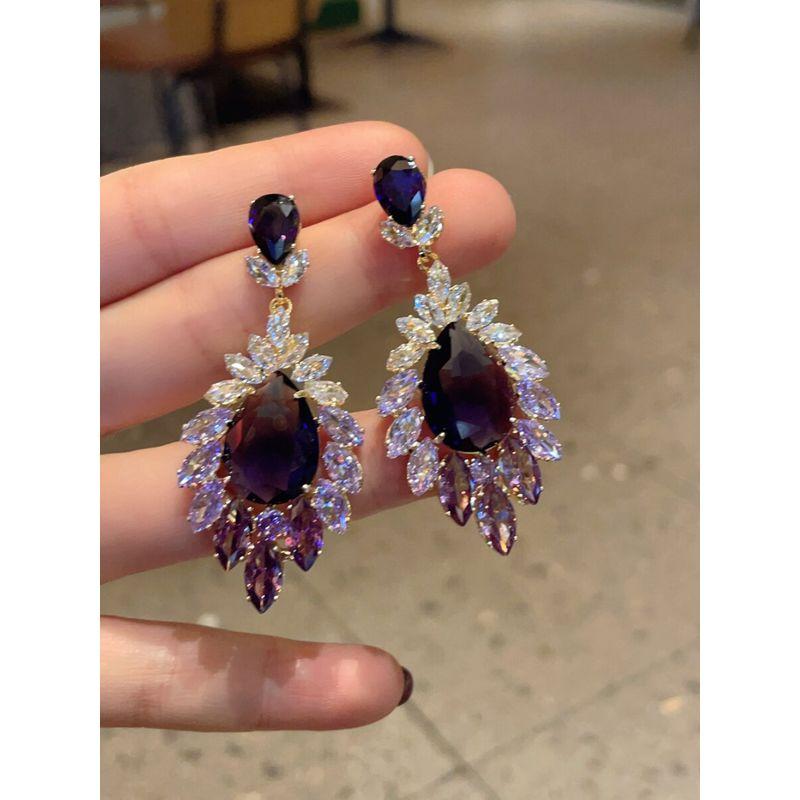 Fashion Fashion Zircon Gradient Purple Droplet Earrings Catwalk Dress Super Flash Earrings 925 Silver Needle Female Ear Rings