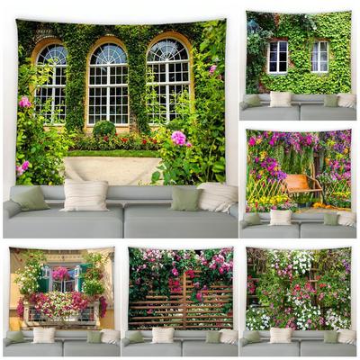Flower Tapestry Spring Fence Landscape Background Cloth Wall Hanging Garden Poster For Outside Home Living Room Decor Aesthetics