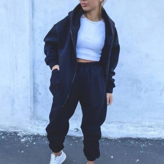 1 set Set de hanorace cu fermoar Plăcuță Trening Pantaloni cu talie elastică Set din două piese Îmbrăcăminte sport Culoare uni Snur