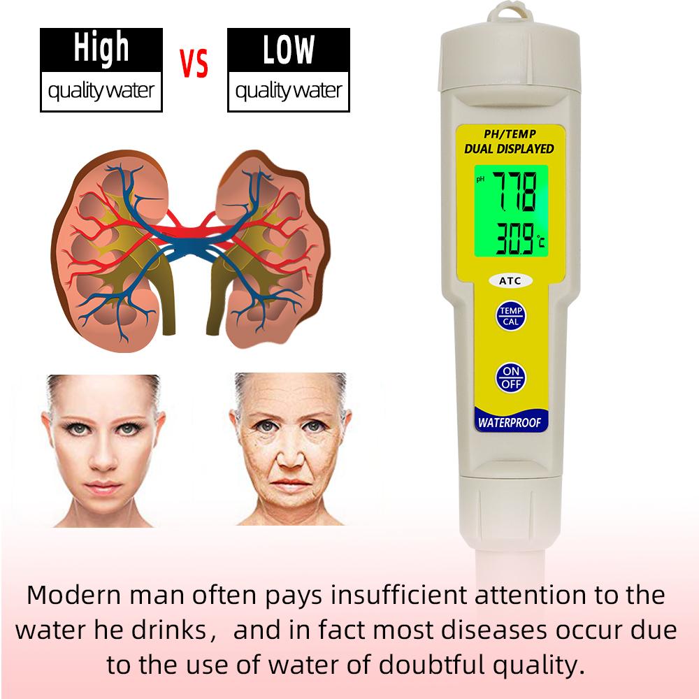 Hochpräzises PH-Meter 2 in 1 Wasserqualitätstester PH-Temp-Detektor ATC Wasserdicht Säuremessgerät PH-Teststift für Aquarium Pool