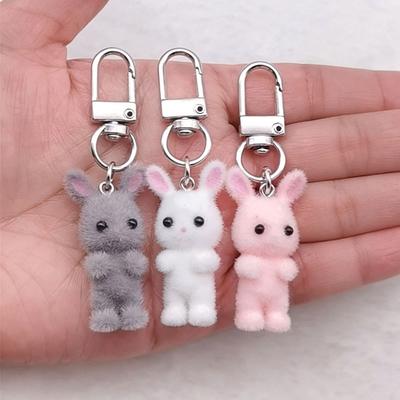 3pcs/set Cute Flocking Rabbit Keychain 3D Animals Pendant Headphone Case Charm Bag Decor Car Key Ring Jewelry Gift