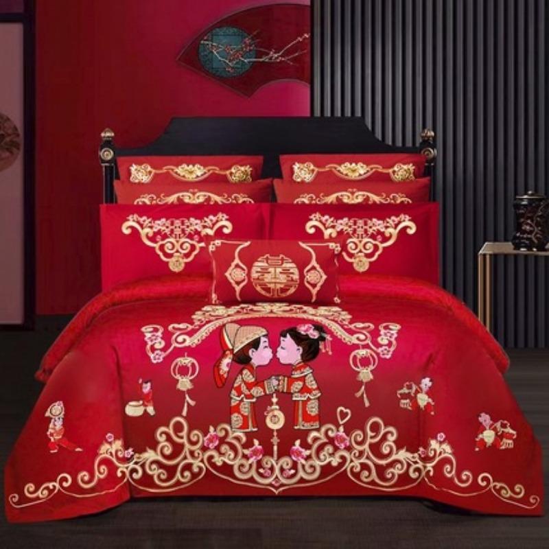 New Chinese style big red embroidery wedding quilt cover polished wedding room bedding wedding four-piece multi-piece set