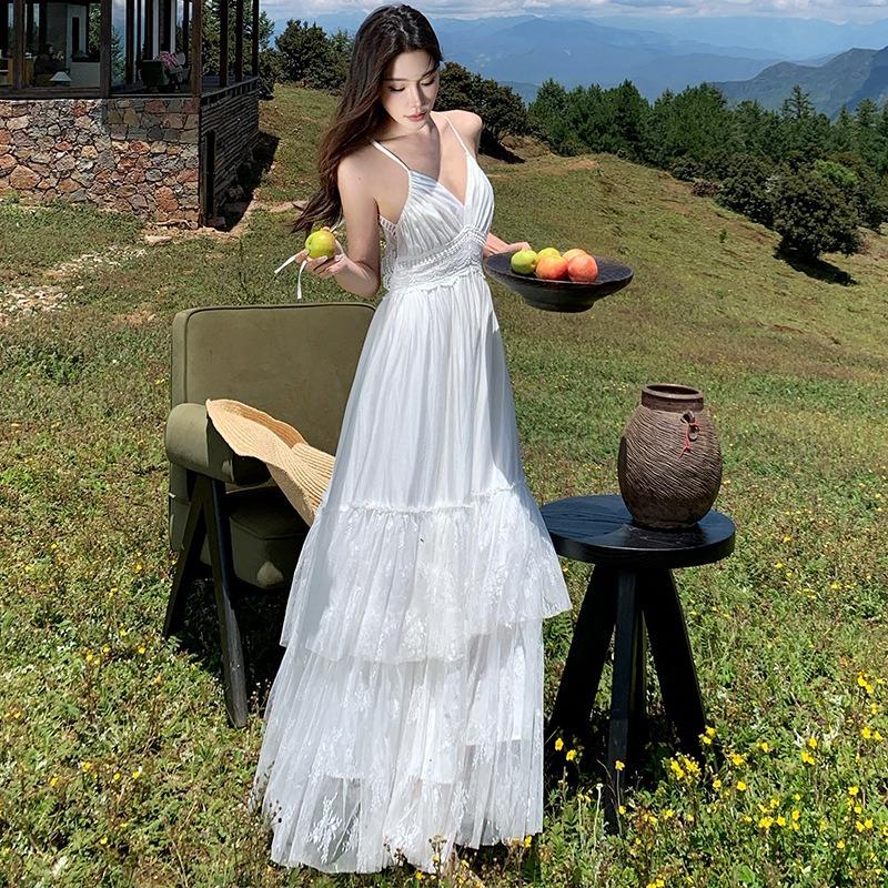 Bohemian Vacation White Lace Splicing Halter Dress Beach Dress Women