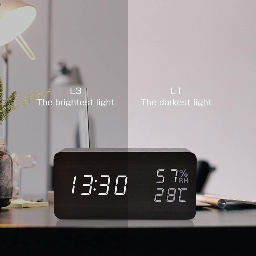 Multifunctional Digital Wooden Alarm Clock with LED Display Temperature Humidity Monitor and Adjustable Brightness for Bedroom Office