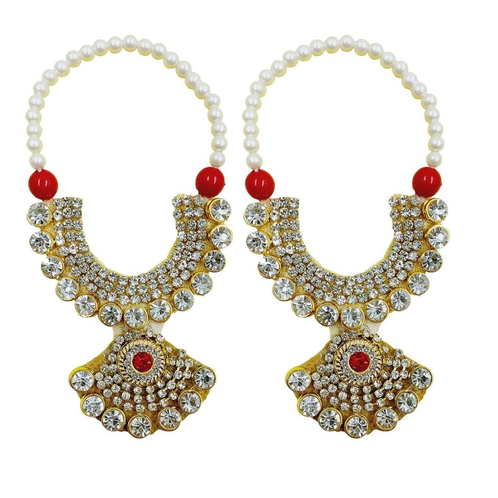 Small Golden Kundan Jarkan Mala for God Idol, Garland Haar for Murti Idols, Statue, Figurines, Set of 2 (Golden Kundan)