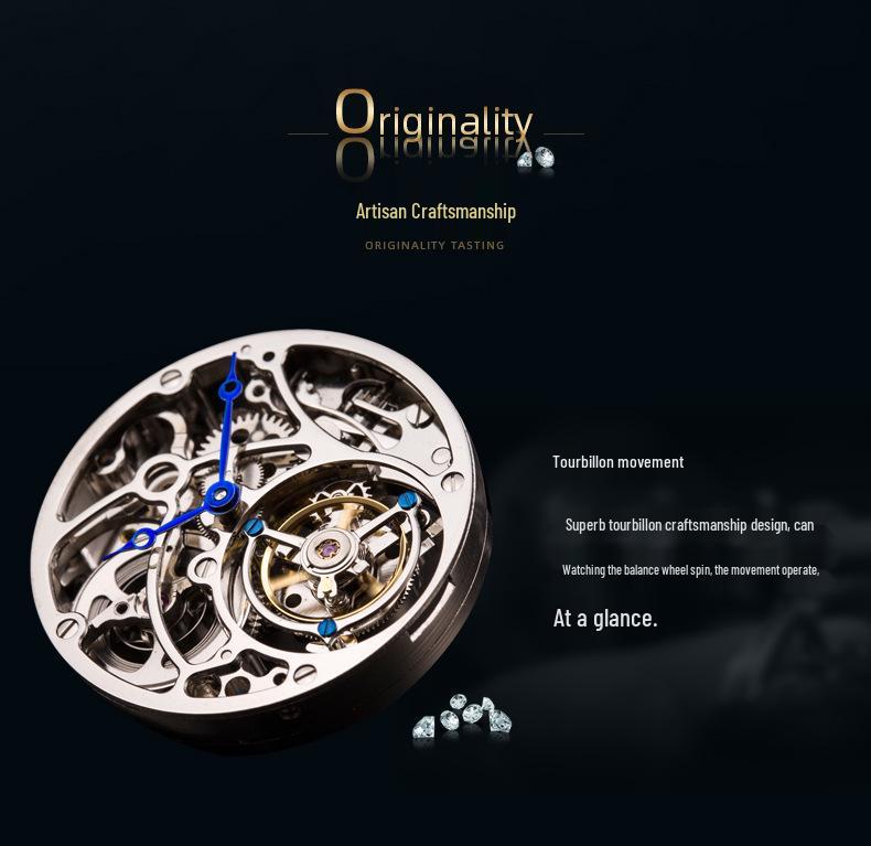 Men's Swiss Movement Waterproof Mechanical Watch with Diamond-Set Skeleton Design and Leather Strap