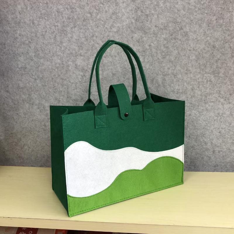 Reusable Felt Tote Bag Wavy Color Block Design Snap Closure Large Capacity for Picnic Shopping Office Commute