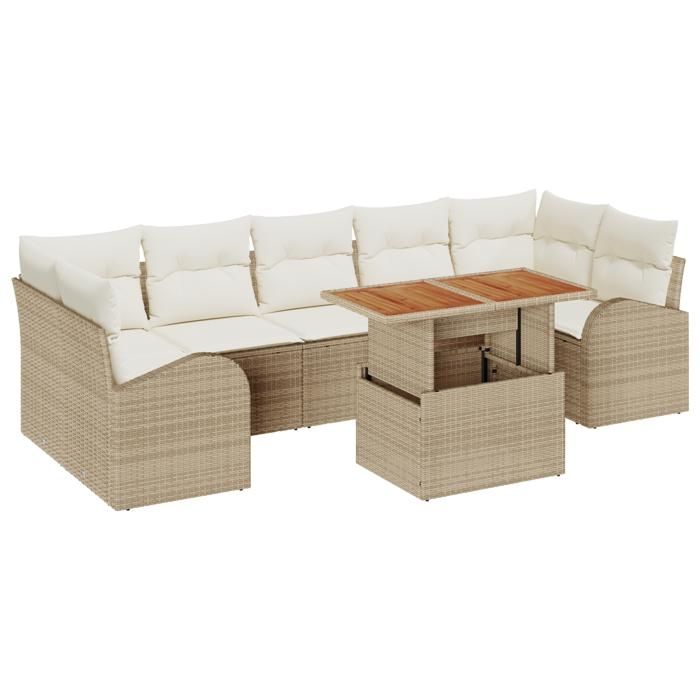 VidaXL Ensemble de jardin 8 pièces avec coussins Beige Poly Rotin Acacia 3349553