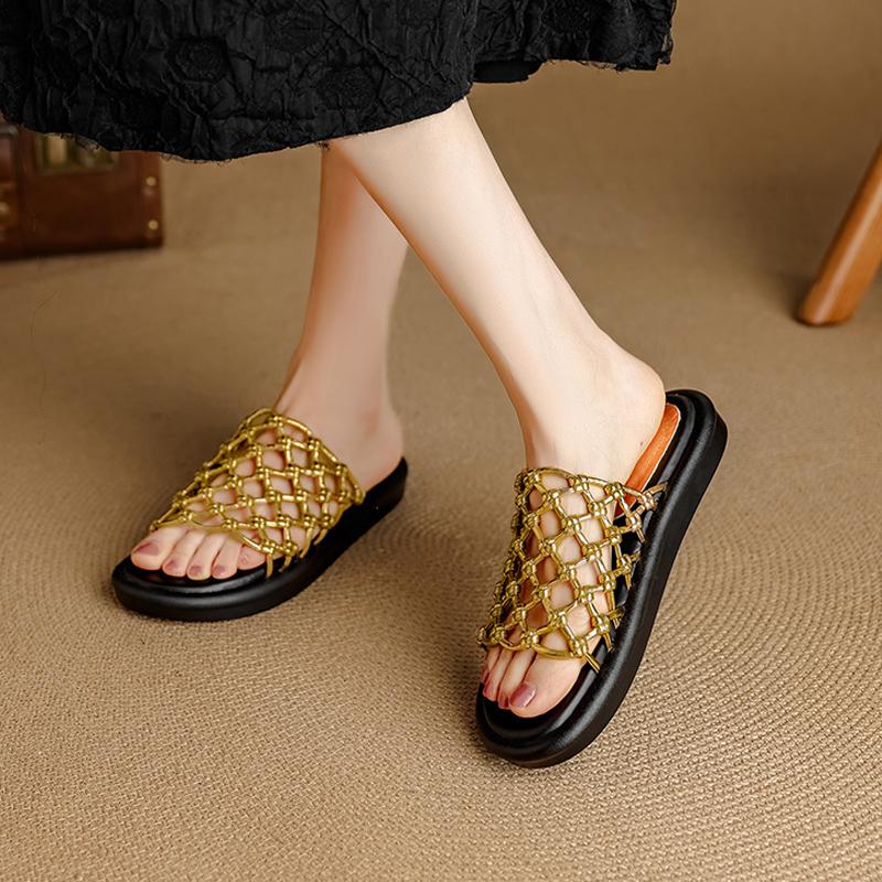 Fashion Women's New Summer Round Toe Open Toe Woven Breathable Genuine Leather Sheepskin Thick Sole Low Heel Fashion Slippers