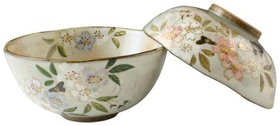 Kyo-yaki Kiyomizu-yaki Shunzan Kiln Set of Rice Bowls, Colorful Sakura (LIS447)