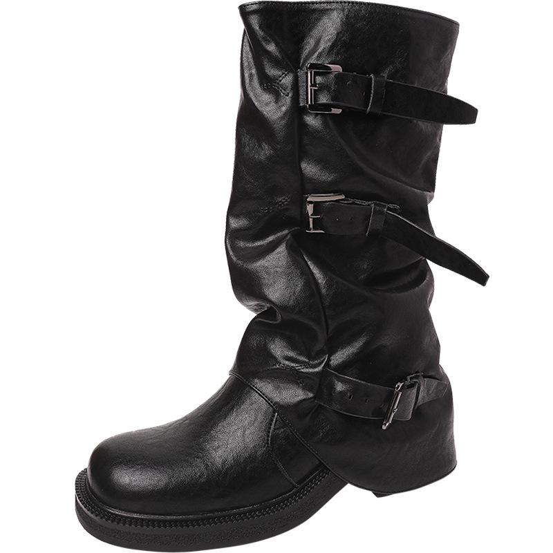 Thick-soled Washed Leather Trousers Martin Boots Women's 2025 New Belt Buckle Medium Tube Stack Boots Retro Western Cowboy Boots