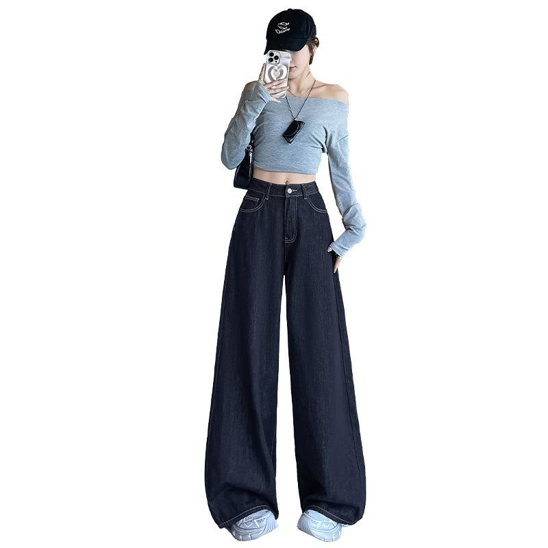 Summer Thin Denim Dark Blue High Waist Straight Jeans Women's High Waist Loose Drop Skinny Wide Leg Pants