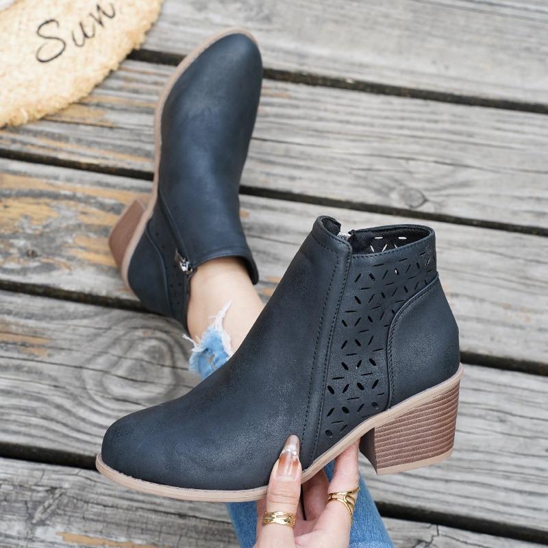 Wish women's shoes new thick heel large size hollow women's boots Martin boots middle heel side zipper short boots women