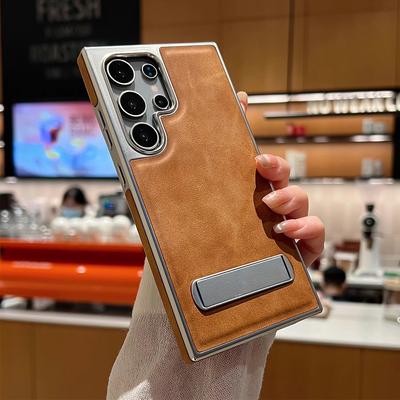 Luxury Plating Leather Holder Phone Case for Samsung Galaxy S24 S23 S22 Ultra Plus Invisible Metal Bracket Shockproof Hard Cover