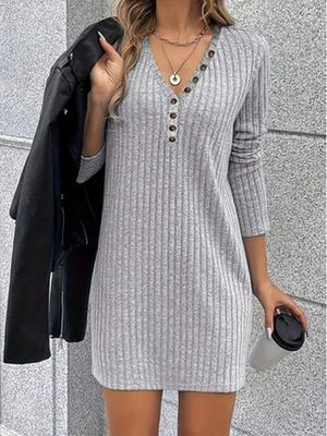 2025 Autumn/Winter Women's Long Sleeve Solid Color Casual Knitted Dress