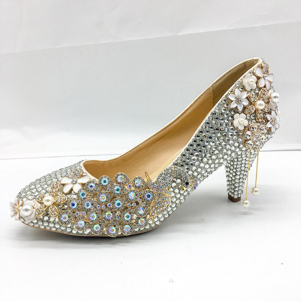 

2025 серебристые туфли-лодочки на высоком каблуке с павлином из стразов, 5 см, круглый носок, с мелким вырезом, хрустальные женские туфли 39