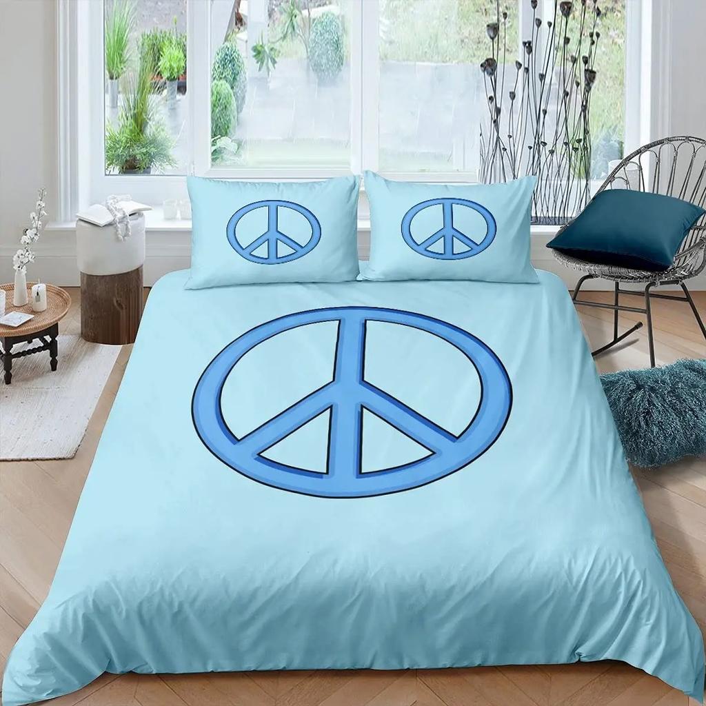 Peace Symbol Duvet Cover Set for Kids Boys Girls,Happiness World Bedding Set 3 Pcs,Queen Size,Green Brown Red Soft Bedroom Decor