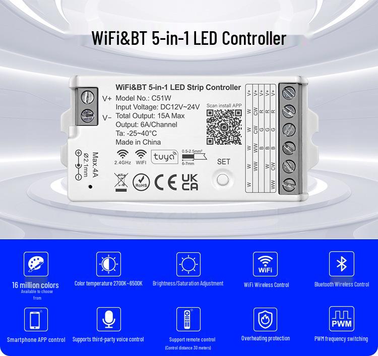 Graffiti C51W WiFi+Bluetooth 5-in-1 Controller (Monochrome/CCT/RGB/RGBW/RGBCW Compatible)