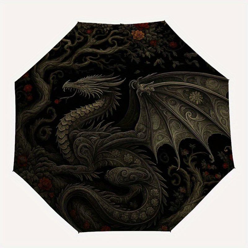 Fantasy Dragon & Tree Circular Wall ArtUmbrella with Cute Design, Portable 3-Fold Compact Umbrella for Men & Women, Valentine's Day Mother's Day Hallo