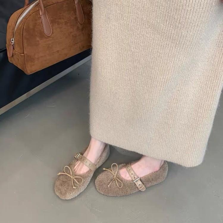 French Mary Jane Mao Mao shoes for women's outer wear 2025 autumn and winter new one-word single shoes with bow, shallow beanie shoes