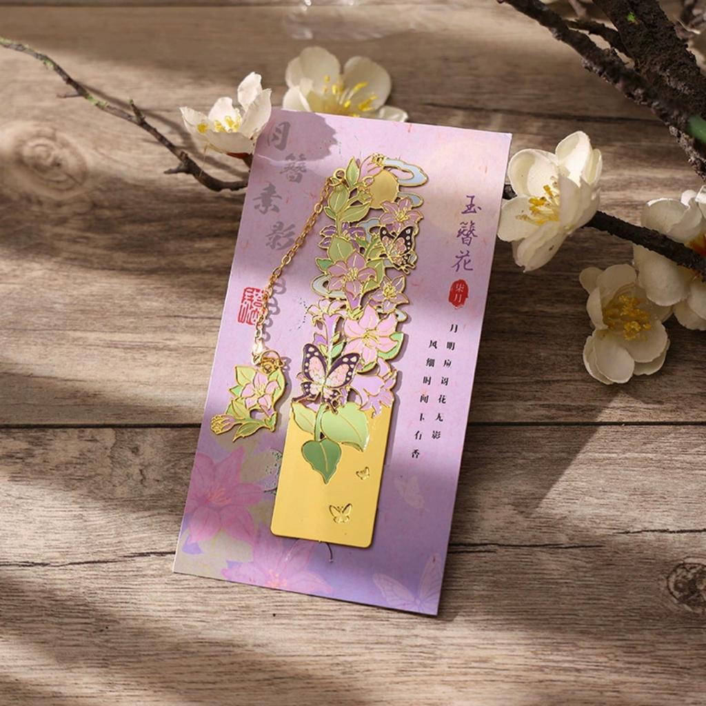 12 Monthly Climate Flowers Bookmark Exquisite Artistic Metal Bookmarks with Long Chain Tassel Students Book Clip Reading Tool