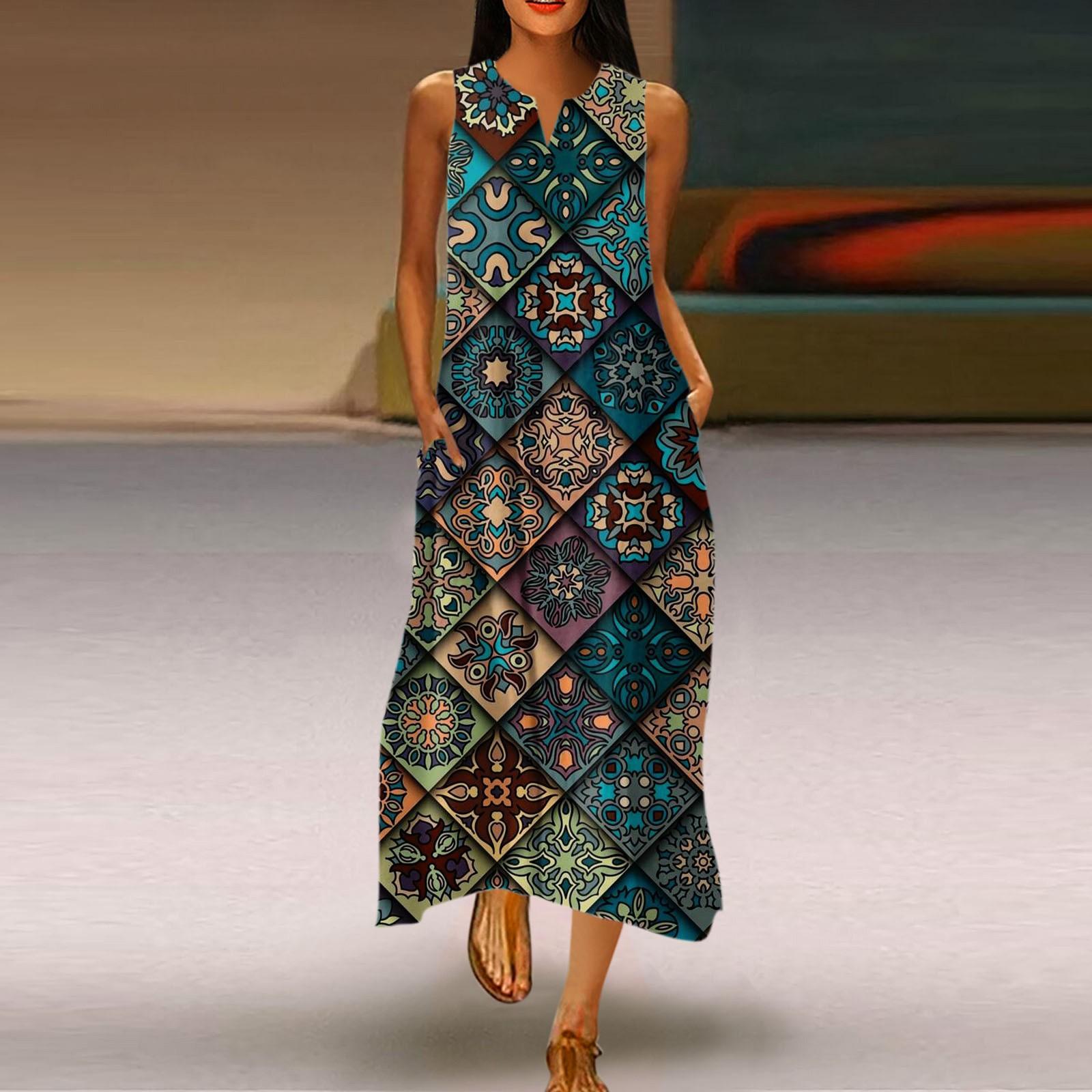 

Women s Fashion Sleeveless Printed Pocket V Neck Loose Casual Long Dress XL