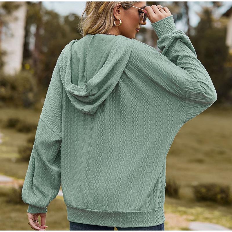 Women's Oversized V-neck Zipper Pure Color Long Loose Hooded Outwear