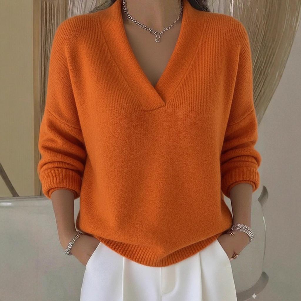 Fall Winter Women's Solid Knit V-Neck Loose Sweater Casual Fashion Pullover Tops for European American