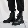 Men's Black British-Style Soft Leather High-Top Martin Boots with Thick Soles for Autumn and Motorcycle Wear.