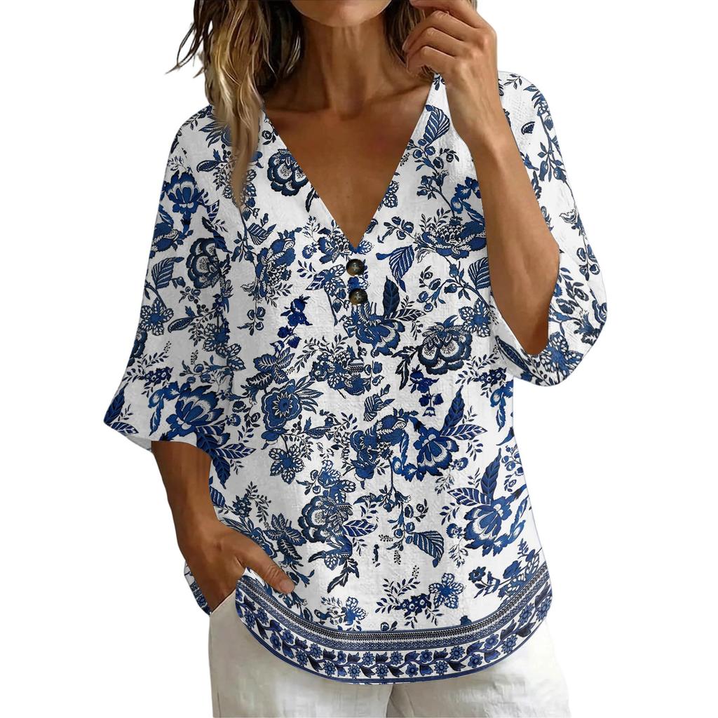 Women V Neck Vintage Floral Print Loose Fit Short Sleeve T Shirt Button Detail Linen Blend Fabric Casual Top for Daily Wear