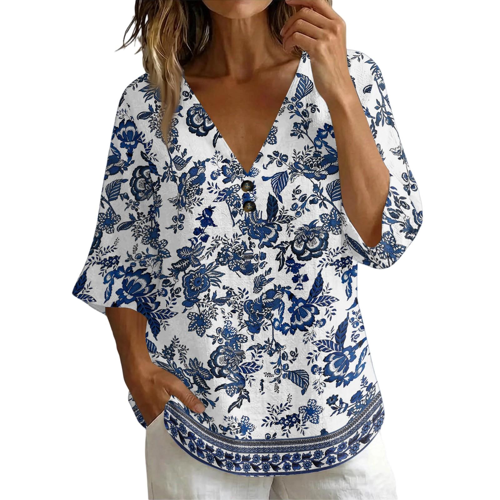 Women s Vintage Floral Print V-Neck T-Shirt - Loose Fit Short Sleeve Blouse, Faux Cotton-Linen Fabric L