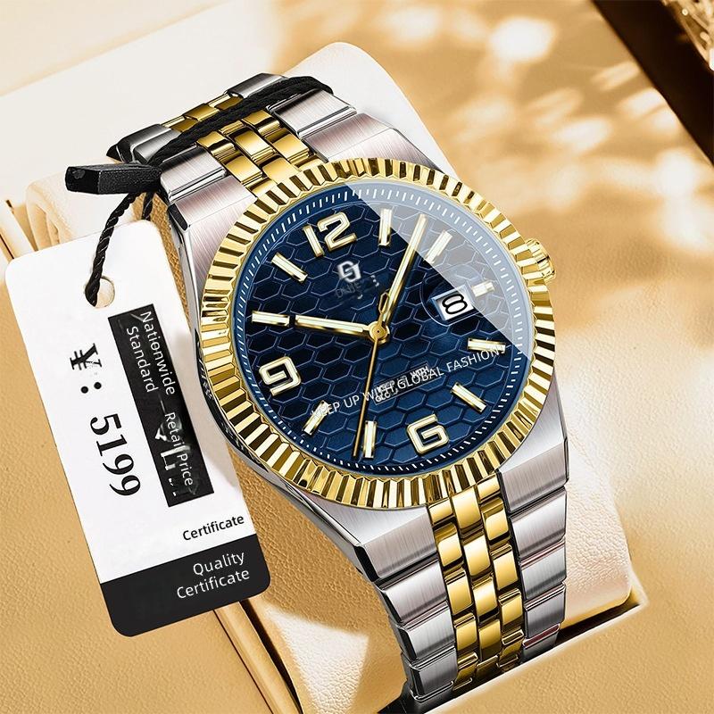 Orologio da polso meccanico completamente automatico autentico in acciaio inossidabile, lancette luminose, data, resistenza all'acqua 10m, diretto dalla fabbrica