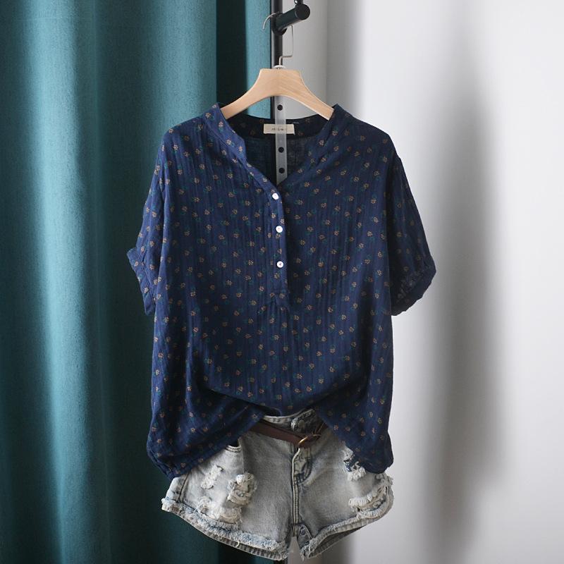 Koreanische Version des doppellagigen Baumwollgarn-bedruckten halb geöffneten V-Ausschnitt-Kurzarmshirts Damen Freizeit Locker Oberteil