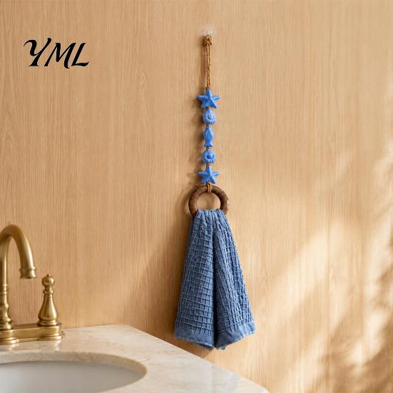 Decorative Wood Bead Towel Hanger Beaded Hanger, Bohemian Wall Mounted Ring Hand Pastoral Style Organizer Holder, Hemp Rope Storage Rack for Bathroom