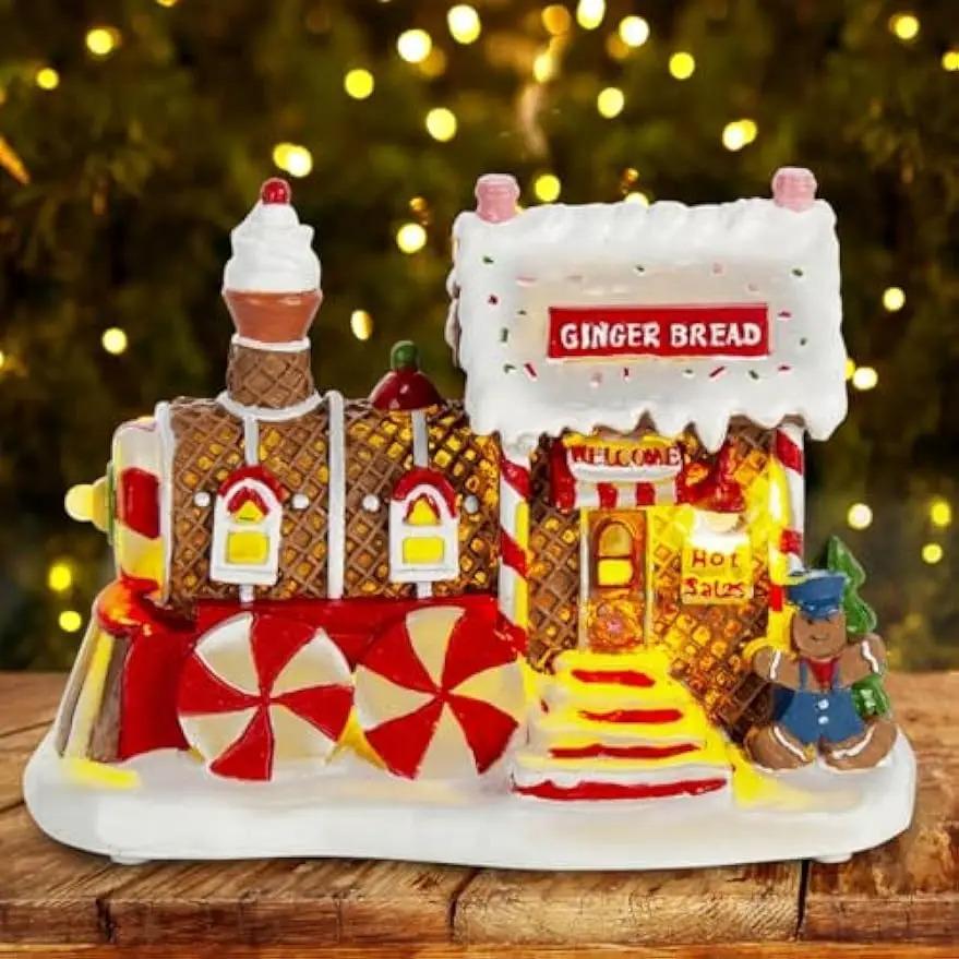 Christmas Village Accessories Decoration Gingerbread Train House Christmas Building Display Light Up Xmas Holiday Home Decor