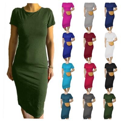 Women's Fashion Sexy  Solid Color Bag Hip Elasticity Short-sleeve Dress
