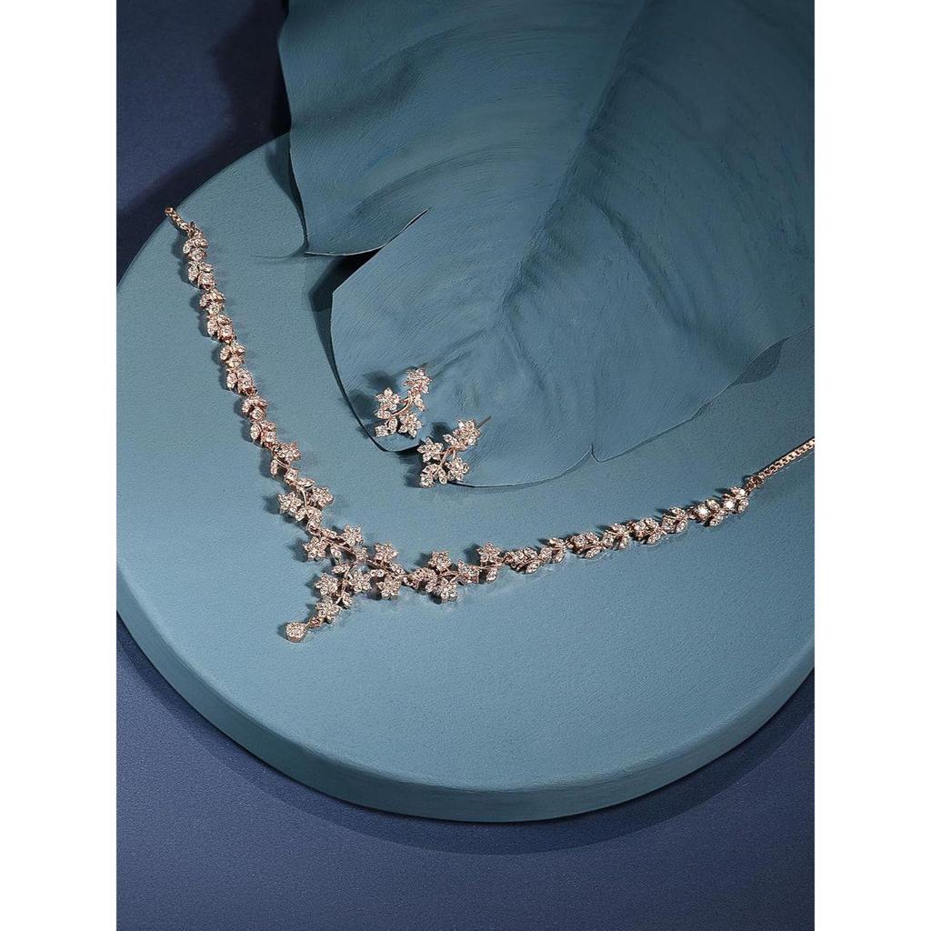 Rose Dazzling Cubic Zirconia Floral Brass Necklace & Earring Set For Women