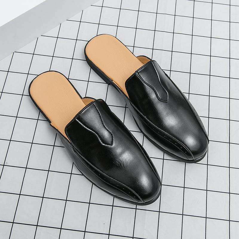 Fashion Handmade Man Muller Shoes Summer Men Casual Leather Shoes Moccasins Breathable Slip on Half Drag Mens Driving Loafers Lazy Flats
