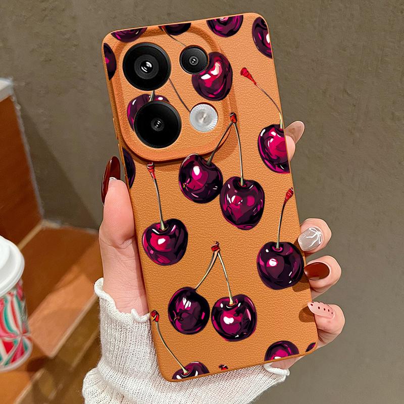 Retro Oil Painting Style Cherry Pattern Case For Xiaomi 14T 13T 11T Pro Funda Redmi Note 14 13 Pro 5G 12 11 Leather Texture Silicone Cover
