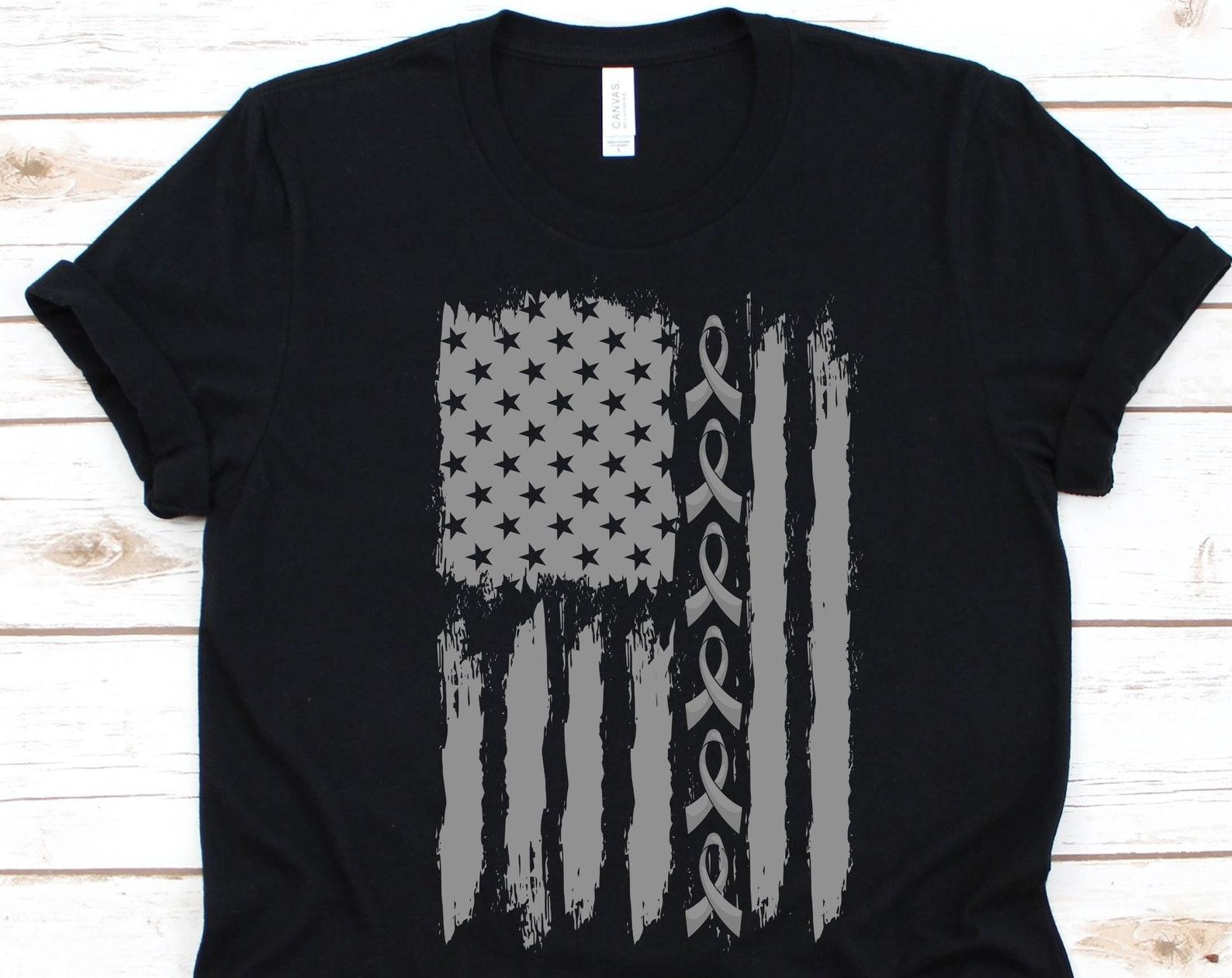 Brain Cancer Ribbon US Flag Shirt, Brain Cancer Awareness, Gray Ribbon Design, Brain Tumor, Brain Cancer Warrior, American Flag, July 4th 4XL