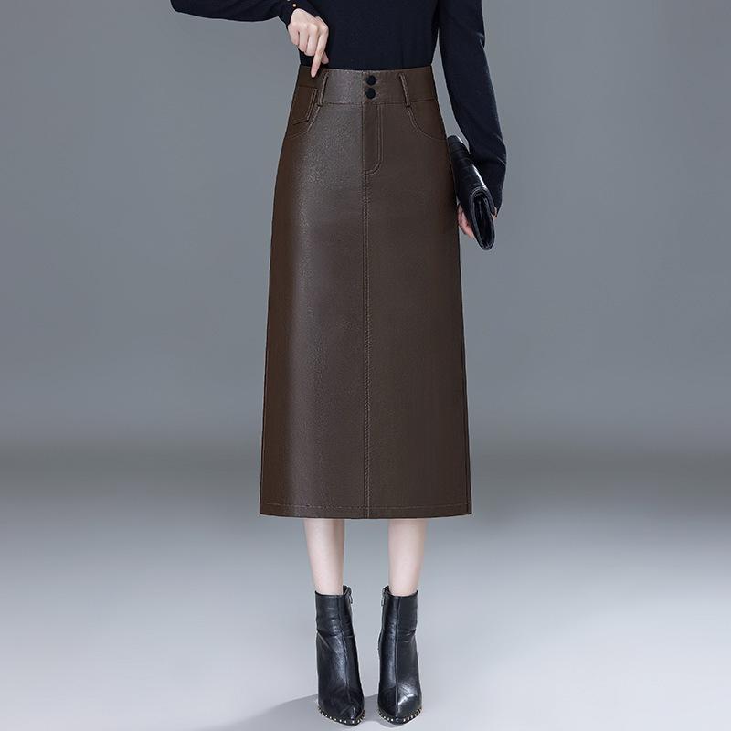 

Женская кожаная юбка-миди с завышенной талией на осень/зиму 2025 года - Облегающая из овчины с разрезом. XL кофейный