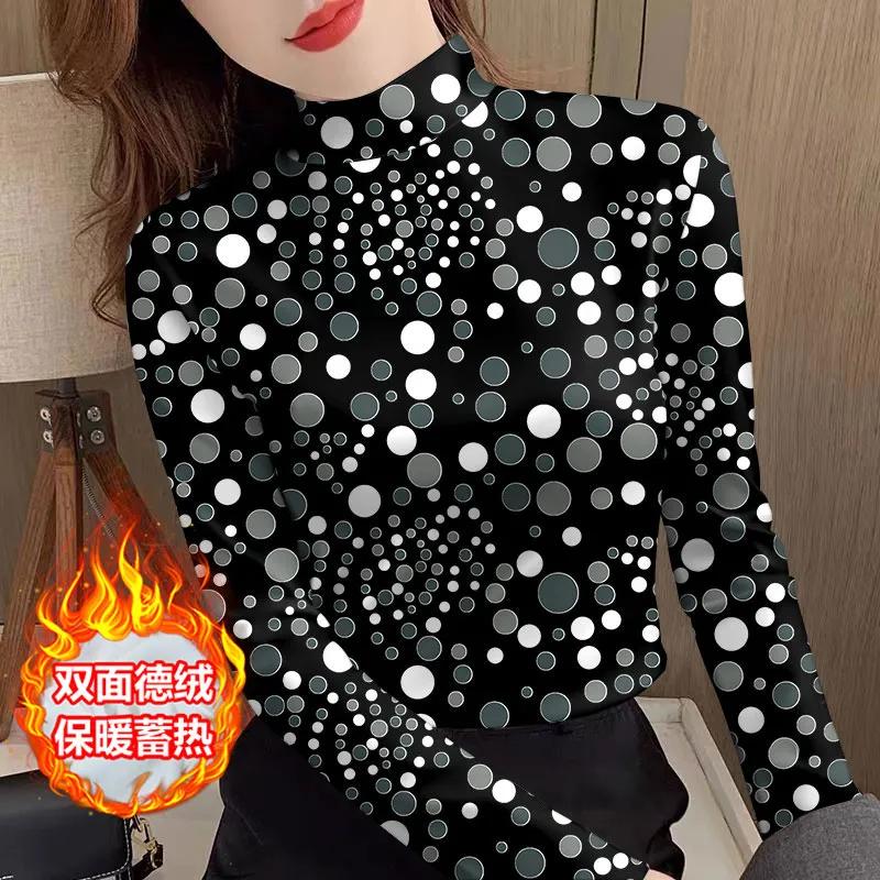 Dámské zimní sametové základní tričko teplé s polovičním rolákem a dlouhým rukávem módní retro tričko s leopardím potiskem