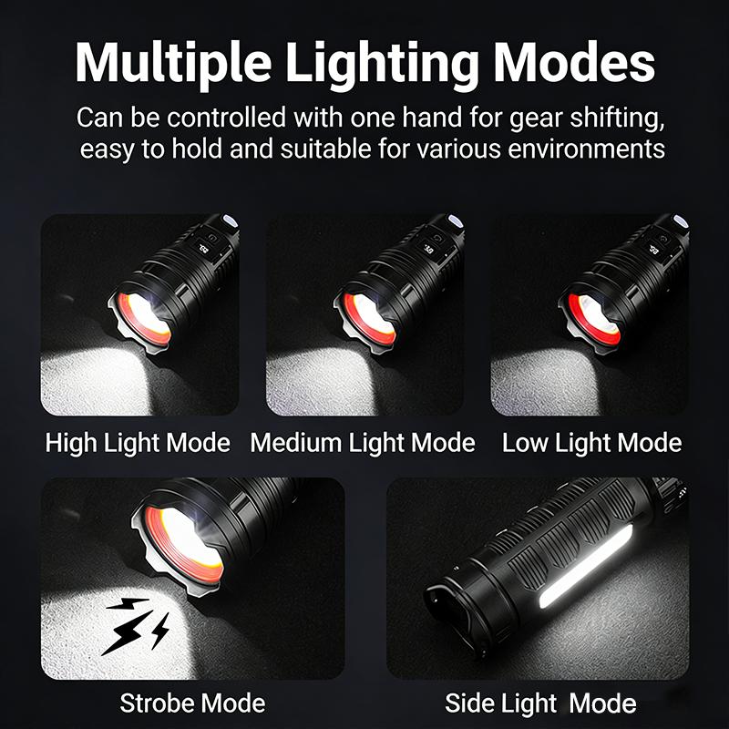 Strong Flashlight USB Type-C Rechargeable Outdoor Lighting Side Light Battery Display Large Capacity ABS Burst Flash Zoom