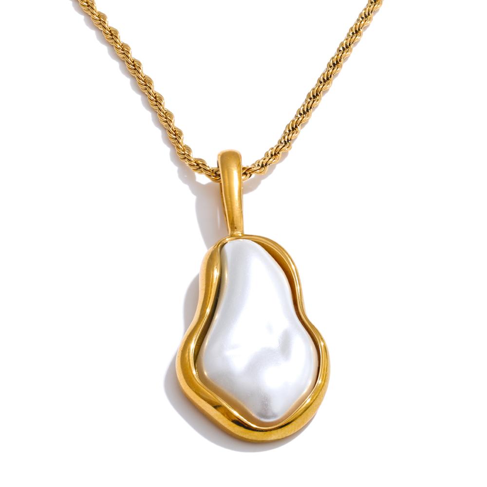 

Yhpup Elegance Baroque Simulated Pearls Pendant Necklace Waterproof Stainless Steel Geometric Fashion Jewelry for Women