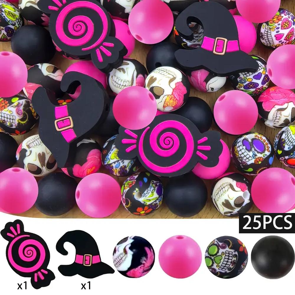 25PCS Multi-Size Halloween-Themed Silicone Beads Set, Perfect for DIY Craft Projects Like Keychains, Necklaces, Bracelets & More