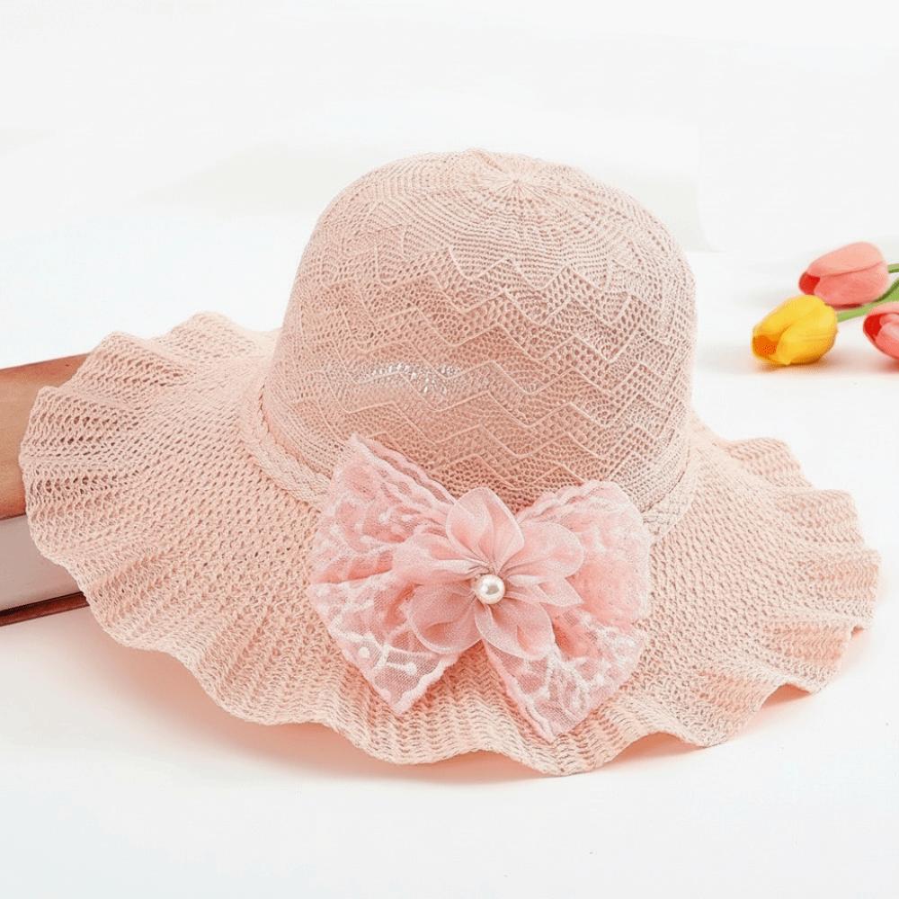 Lace Bow Wide Brim Knitted Hat Solid Color Beach Sun Hat Fashion UV Protection Cap  Travel